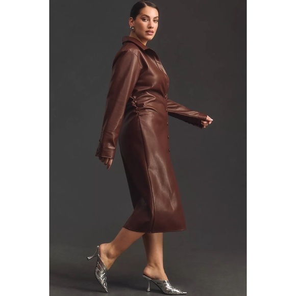by Anthropologie Fuax Leather Midi Shirt Dress In Brown Size 1X Plus Size - Picture 3 of 15